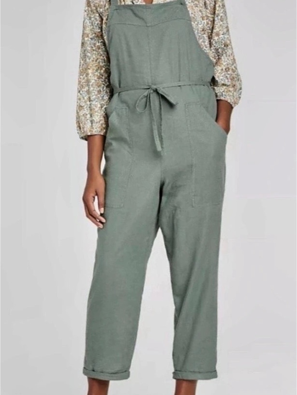 Universal Thread Utility Cropped Linen Jumpsuit Green